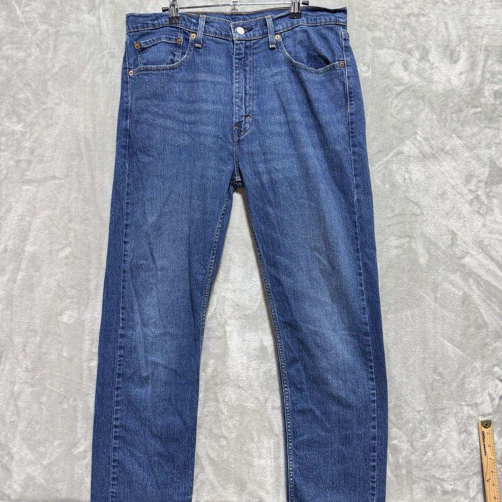 Levi's 505 Regular Straight Fit Jeans Mens 36x32 Blue Whiskering Denim Mid Rise